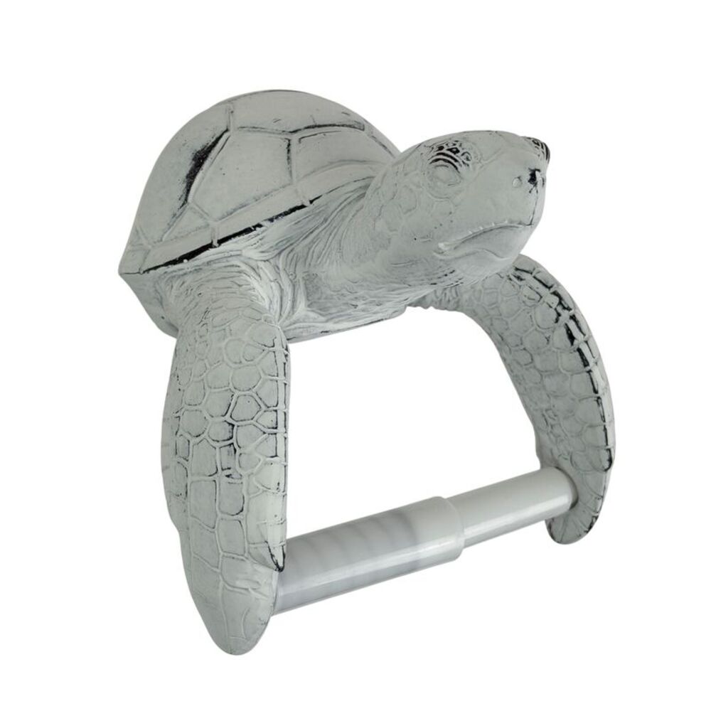 Sea Turtle Toilet Paper Holder Whitewashed Resin Wall Mount 6.5 Inch Coastal